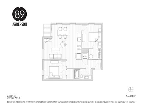 Floor plan for 2 beds, 1 bath, 916 sqft